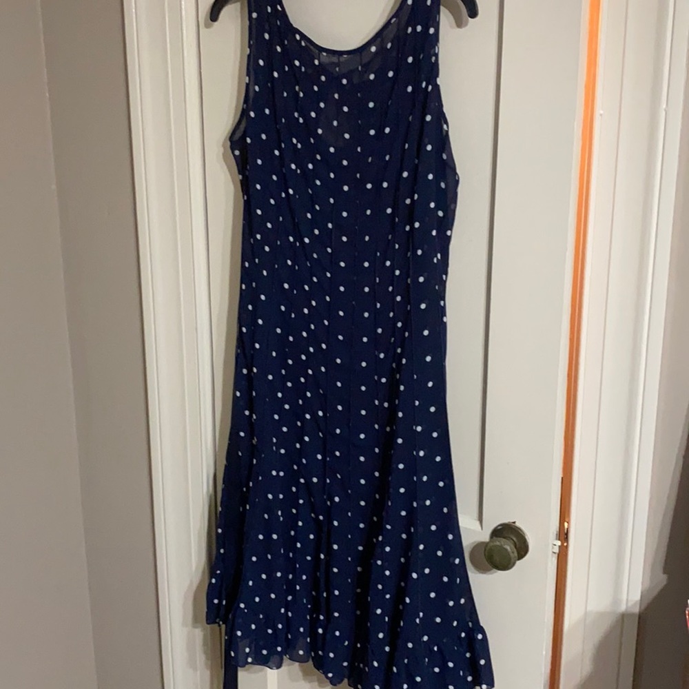 Polka dot dress. Navy piece underneath.
